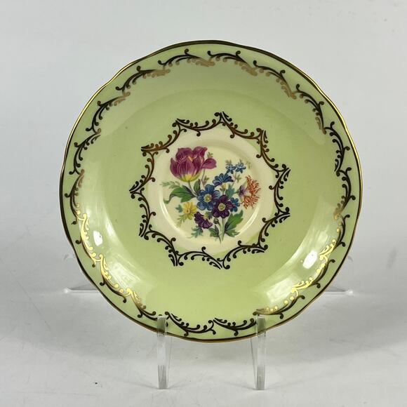 Aynsley England Bone China Teacup Saucer Set Green Gold Floral Pattern 7905 - Picture 11 of 15